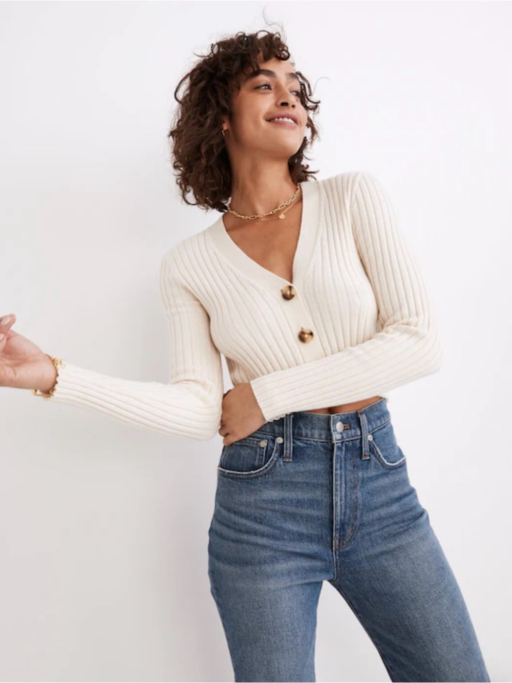 Madewell Brenville Cream Ribbed Cropped Cardigan L Button Front V Neck Minimalis